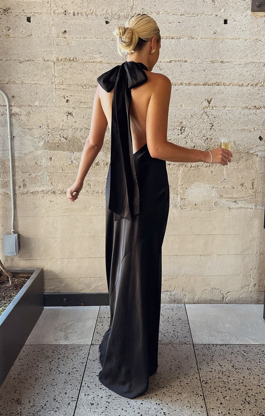 Show Me Your Mumu Lisa Maxi Dress in Black Luxe Satin S